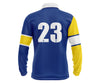 Custom yellow and blue long-sleeve school leaver with white accents